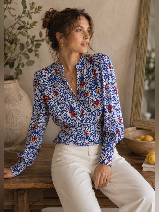 NICOLA Tops - Vintage Nicola Floral Waist Detail Blouse Blue White Boho Cottagecore Size 6